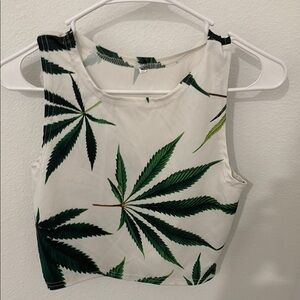 White Sleeveless Crop Tank Top with Green Leaf Print and Cut Out Style